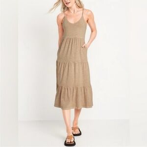 Old Navy Tiered Slub-Knit Midi Cami Swing Dress Tie Back Size Medium Tan